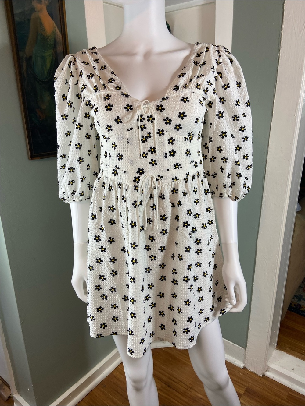 For Love & Lemons Connie White Babydoll Mini Dress Black Floral Print Small S - Picture 2 of 14